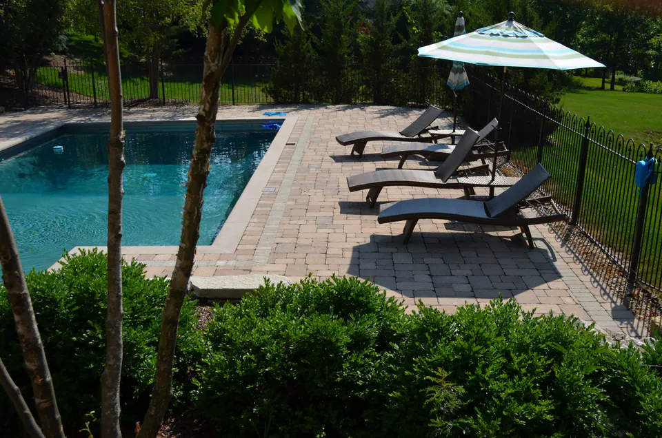 Rectangular pool with a paver deck, lounge chairs, black metal fence and clipped shrubs