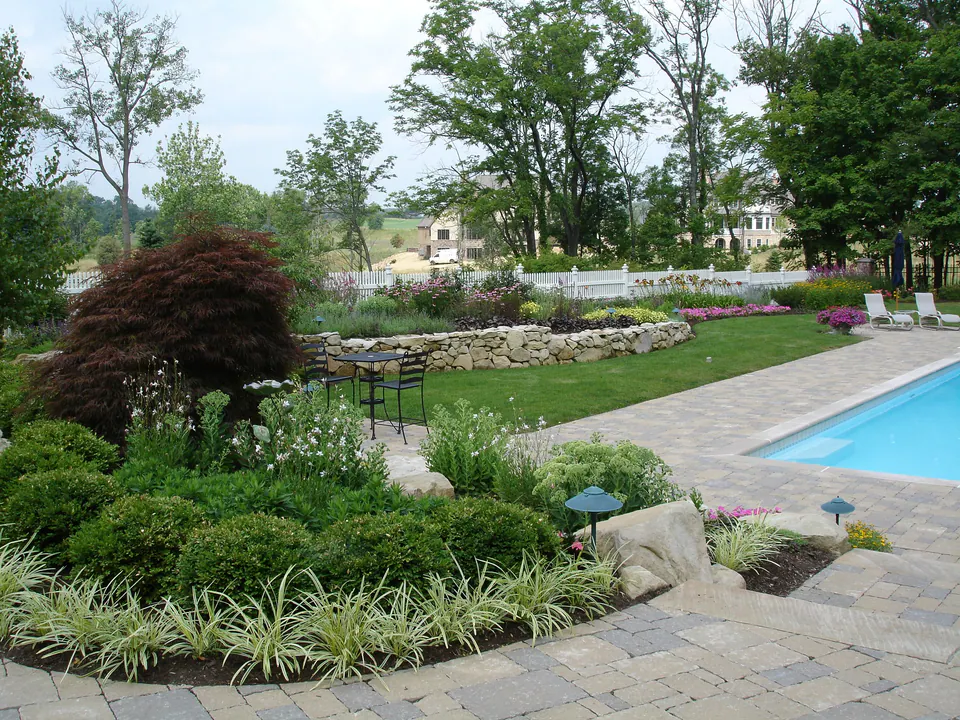 Paver pool deck curving around a planting bed with a Japanese maple, grasses and lights