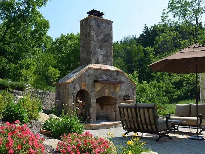 large fireplace wood box on sides